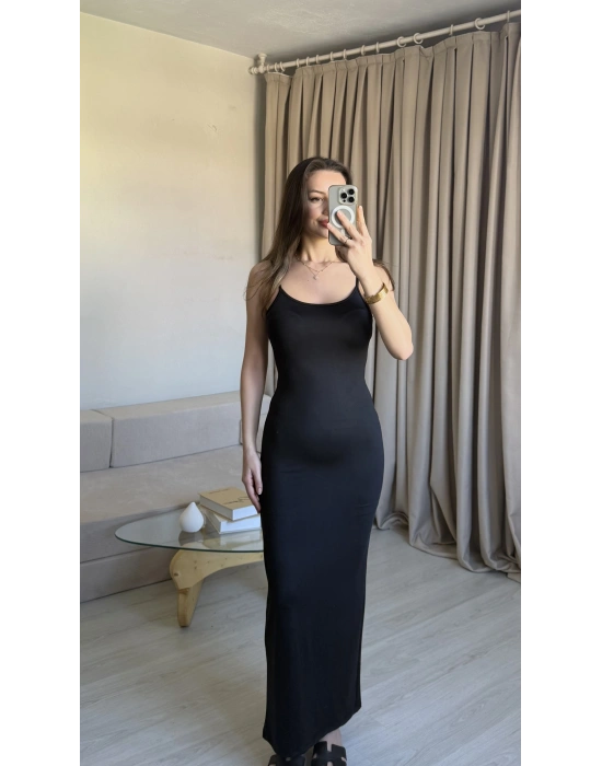 Siyah İnce Askılı Maxi Elbise