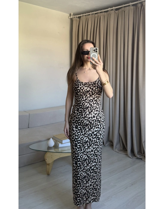 Leopar İnce Askılı Maxi Elbise