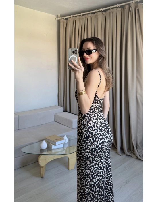 Leopar İnce Askılı Maxi Elbise