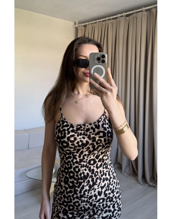 Leopar İnce Askılı Maxi Elbise
