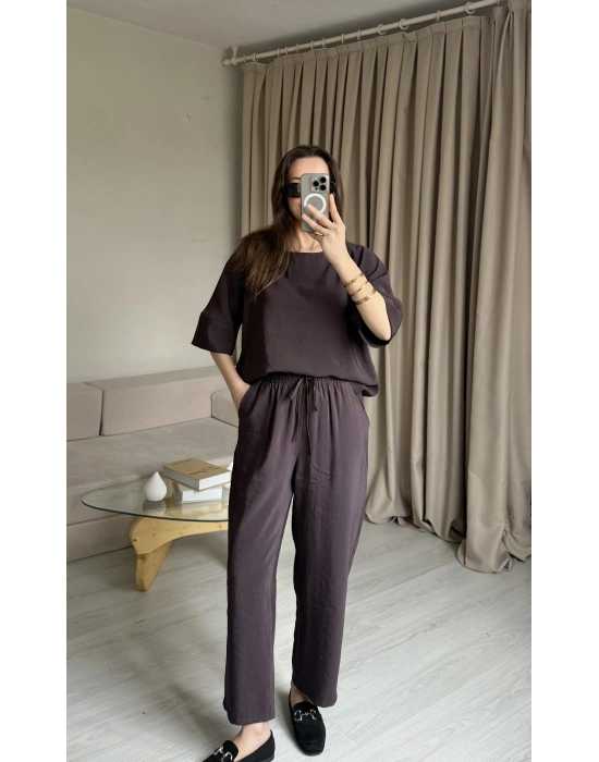 Acı Kahve Tencel Bluz Pantolon Takım