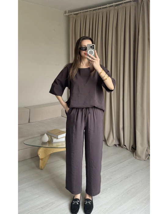 Acı Kahve Tencel Bluz Pantolon Takım