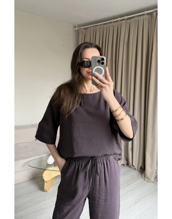 Acı Kahve Tencel Bluz Pantolon Takım