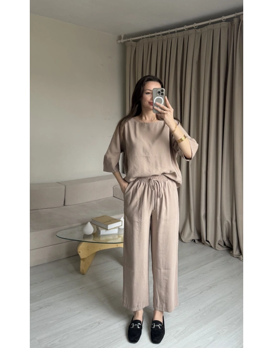 Koyu Bej Tencel Bluz Pantolon Takım