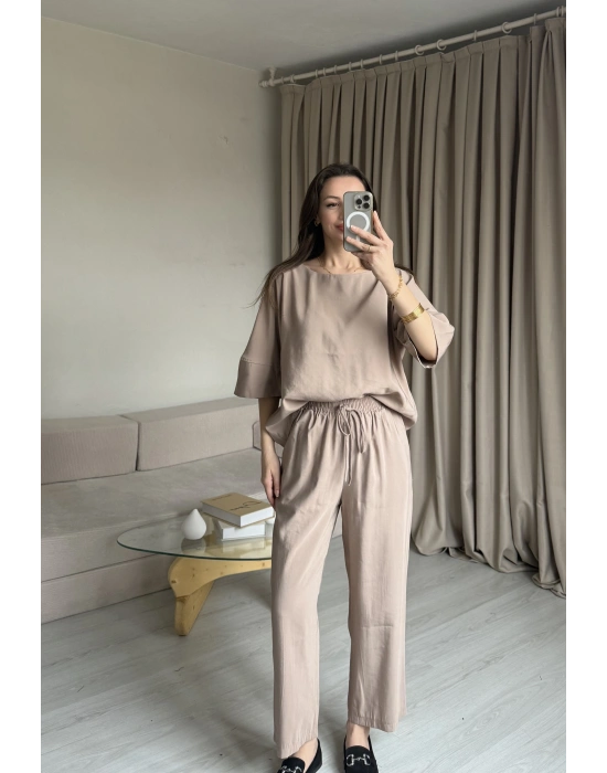 Koyu Bej Tencel Bluz Pantolon Takım