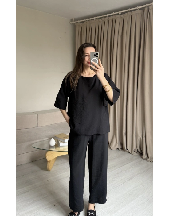 Siyah Tencel Bluz Pantolon Takım