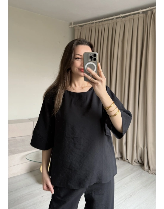 Siyah Tencel Bluz Pantolon Takım