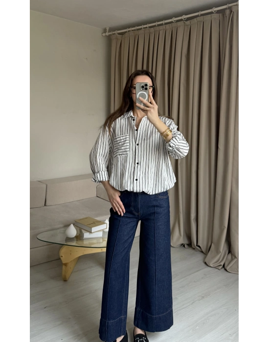 Siyah Çizgili Cepli Gömlek