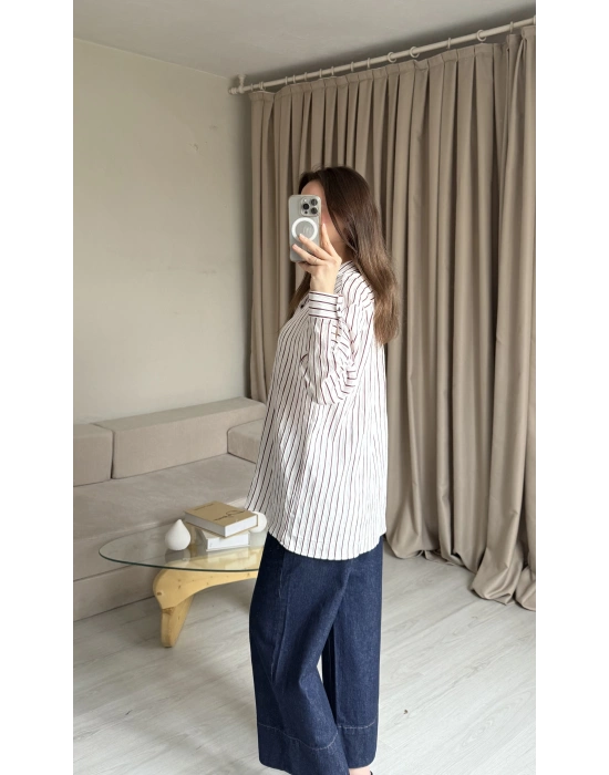 Bordo Çizgili Cepli Gömlek