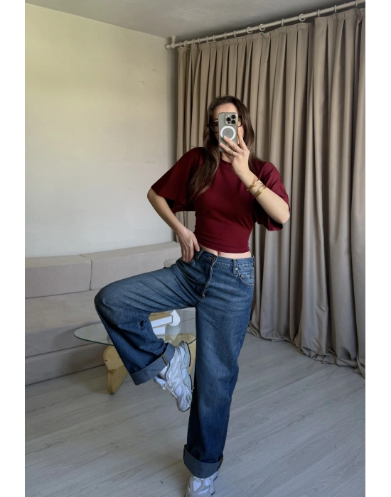 Bordo Belden Oturtmalı Yarasa Kol Bluz