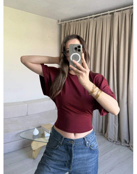 Bordo Belden Oturtmalı Yarasa Kol Bluz