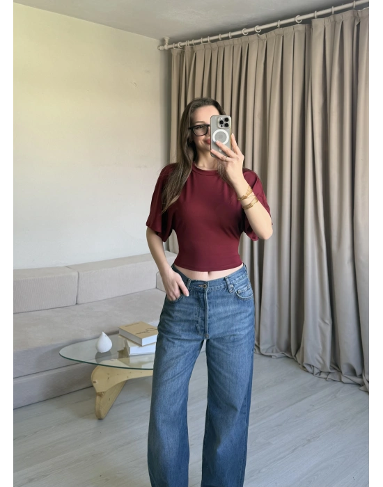 Bordo Belden Oturtmalı Yarasa Kol Bluz