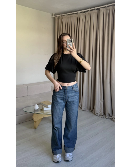 Siyah Belden Oturtmalı Yarasa Kol Bluz