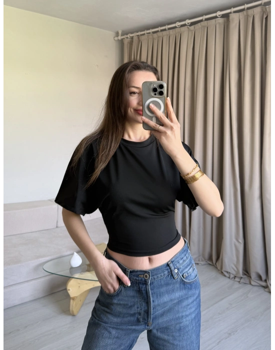 Siyah Belden Oturtmalı Yarasa Kol Bluz