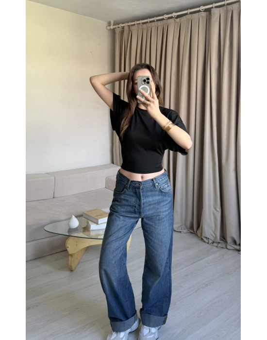 Siyah Belden Oturtmalı Yarasa Kol Bluz