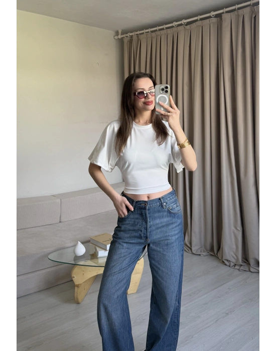 Beyaz Belden Oturtmalı Yarasa Kol Bluz