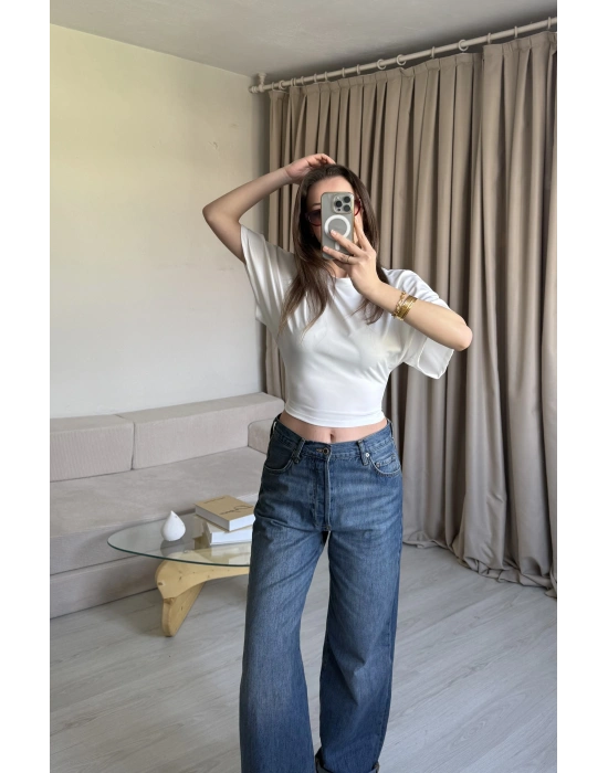 Beyaz Belden Oturtmalı Yarasa Kol Bluz