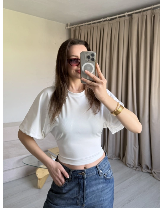 Beyaz Belden Oturtmalı Yarasa Kol Bluz