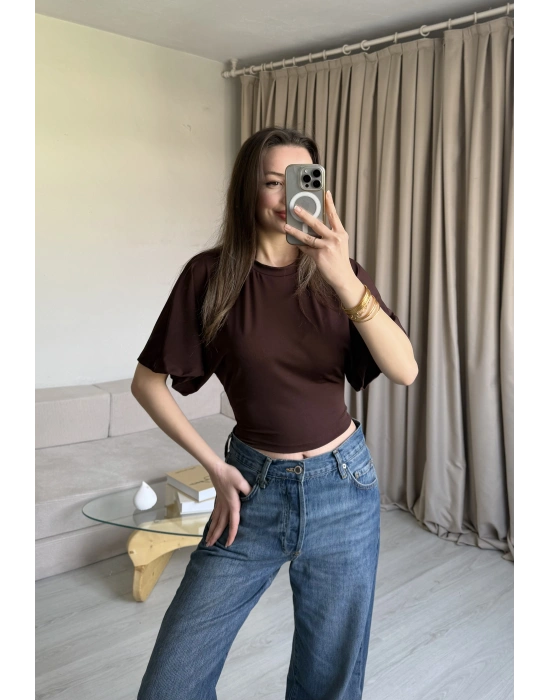 Kahve Belden Oturtmalı Yarasa Kol Bluz