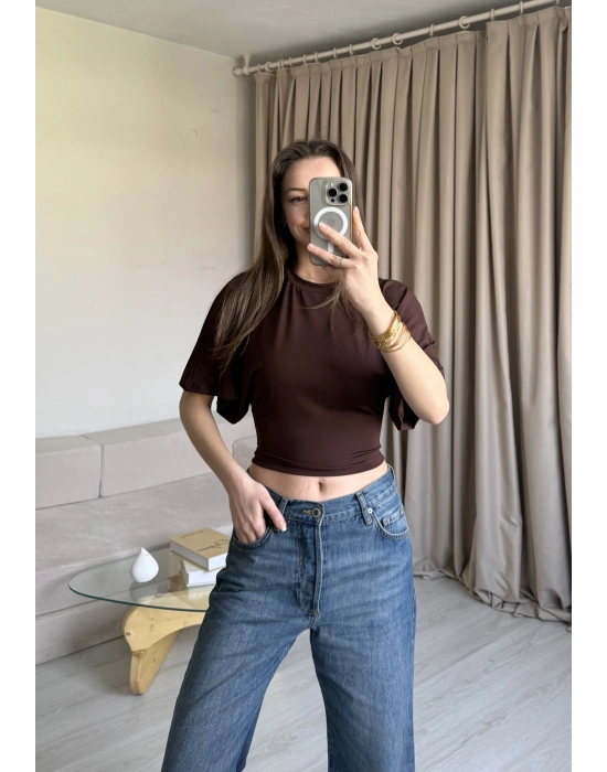 Kahve Belden Oturtmalı Yarasa Kol Bluz