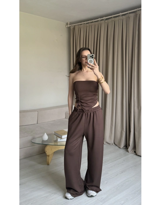 Kahve Straplez Büzgülü Üçlü Takım