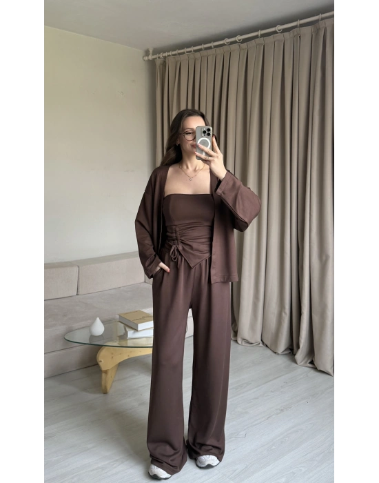Kahve Straplez Büzgülü Üçlü Takım