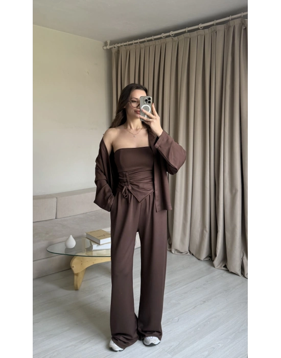 Kahve Straplez Büzgülü Üçlü Takım