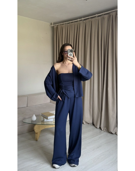 Lacivert Straplez Büzgülü Üçlü Takım