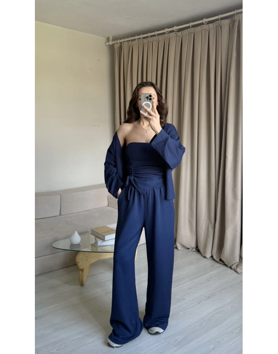 Lacivert Straplez Büzgülü Üçlü Takım