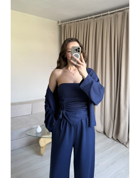 Lacivert Straplez Büzgülü Üçlü Takım