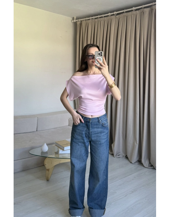Pembe Düşük Omuz Belden Oturtmalı Bluz