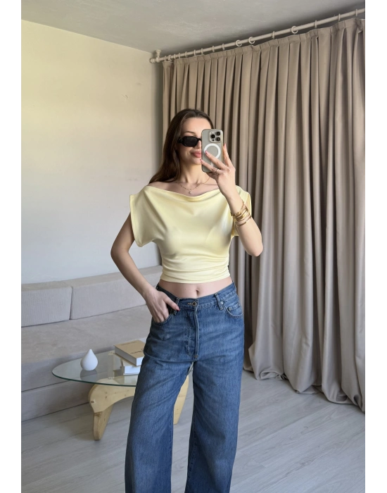 Sarı Düşük Omuz Belden Oturtmalı Bluz