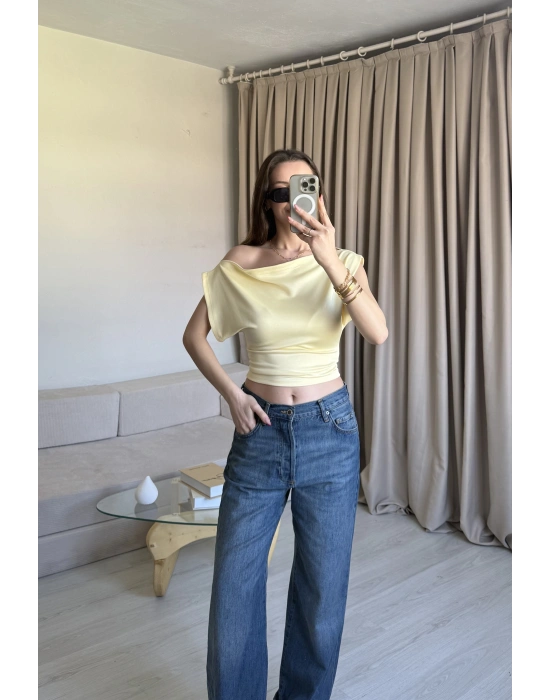 Sarı Düşük Omuz Belden Oturtmalı Bluz