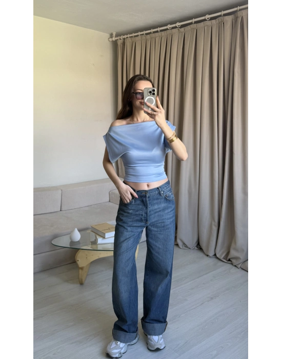 Mavi Düşük Omuz Belden Oturtmalı Bluz