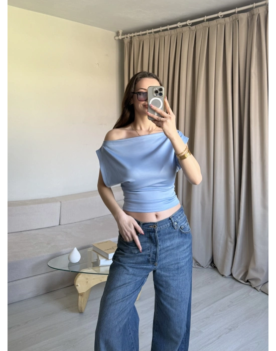 Mavi Düşük Omuz Belden Oturtmalı Bluz