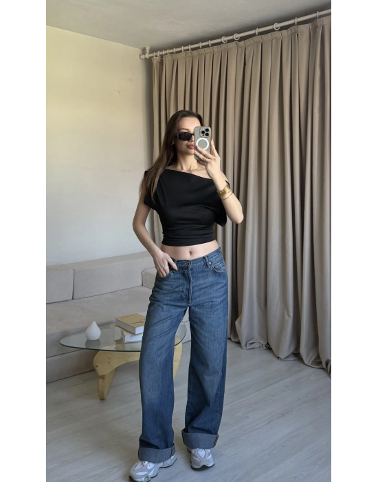 Siyah Düşük Omuz Belden Oturtmalı Bluz