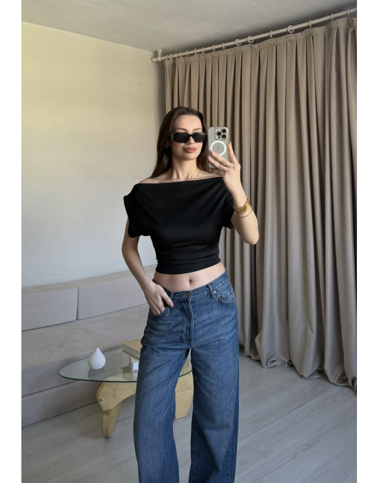 Siyah Düşük Omuz Belden Oturtmalı Bluz