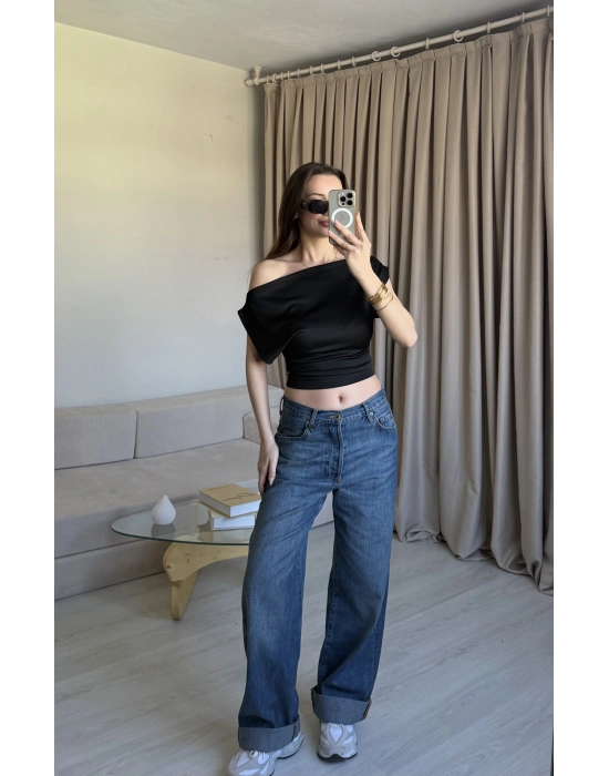 Siyah Düşük Omuz Belden Oturtmalı Bluz