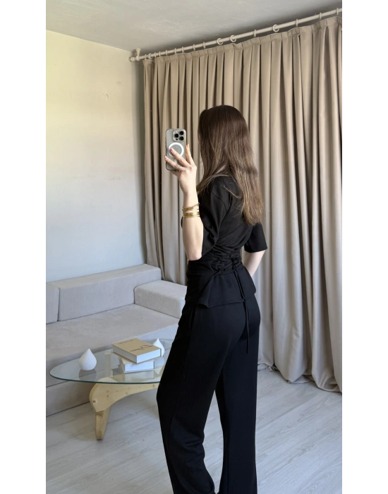 Siyah Bel Bağlamalı Eşofman Takım