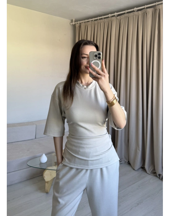 Bej Bel Bağlamalı Eşofman Takım