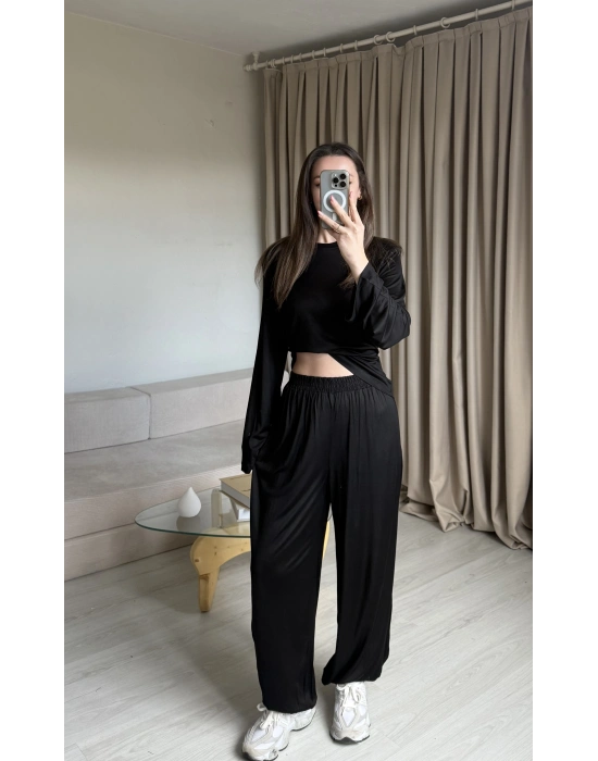 Siyah Belden Bağlamalı Eşofman Takımı