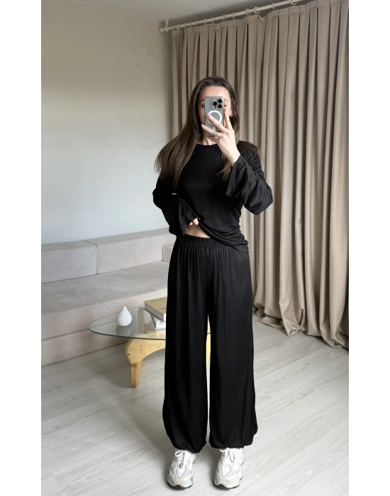 Siyah Belden Bağlamalı Eşofman Takımı