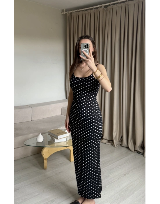Siyah Puantiye İnce Askılı Maxi Elbise