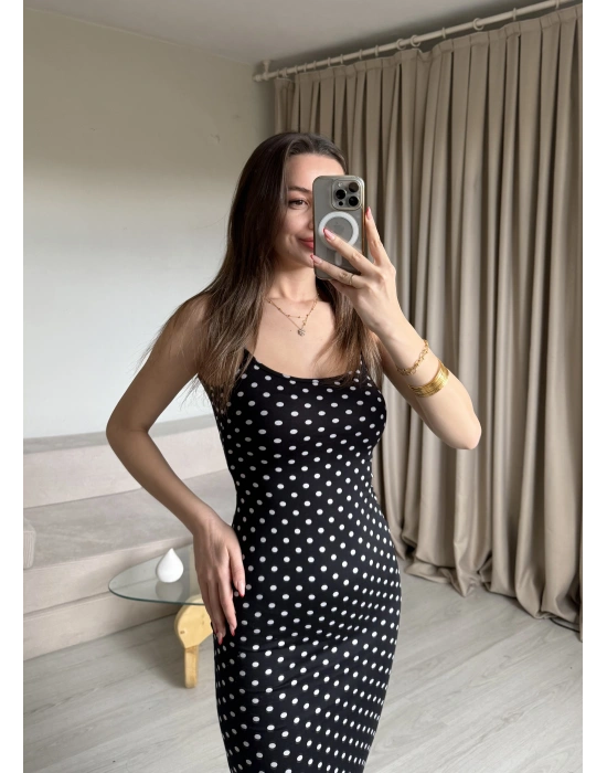 Siyah Puantiye İnce Askılı Maxi Elbise