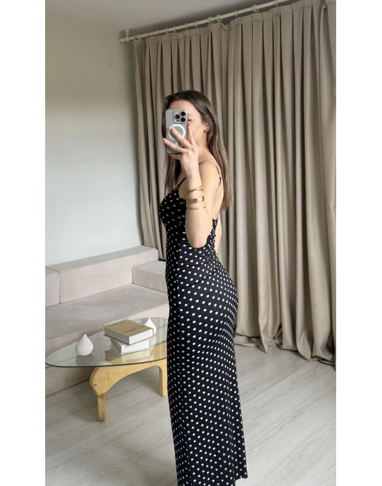 Siyah Puantiye İnce Askılı Maxi Elbise