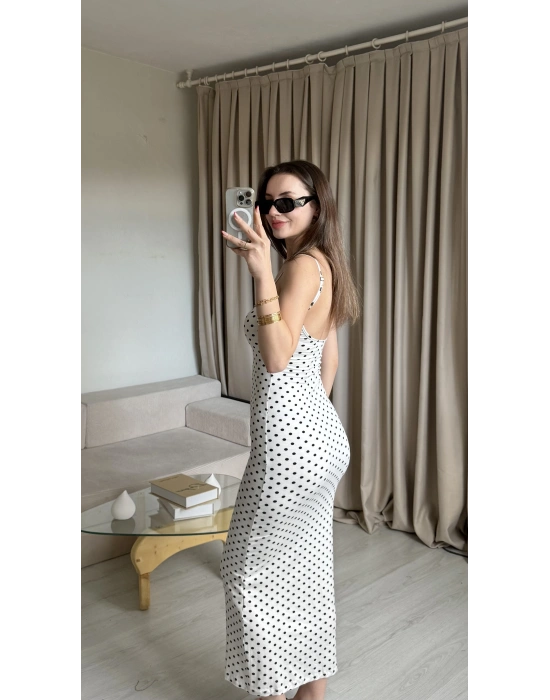 Beyaz Puantiye İnce Askılı Maxi Elbise