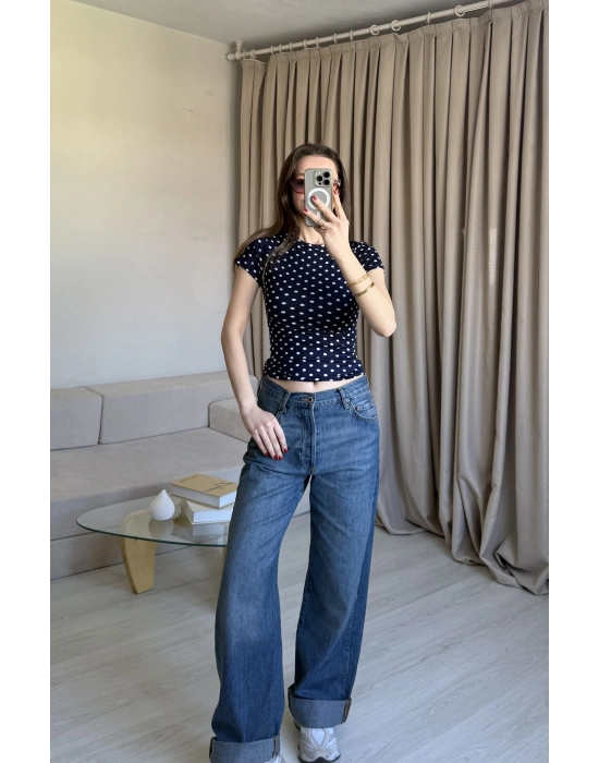 Lacivert Puantiyeli Basic Kısa Kol Bluz