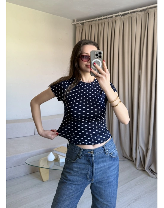 Lacivert Puantiyeli Basic Kısa Kol Bluz