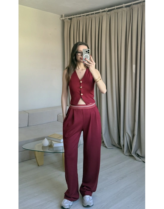Bordo Broş Düğme Detaylı Takım