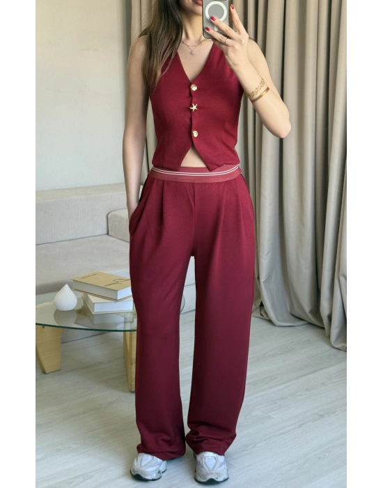 Bordo Broş Düğme Detaylı Takım